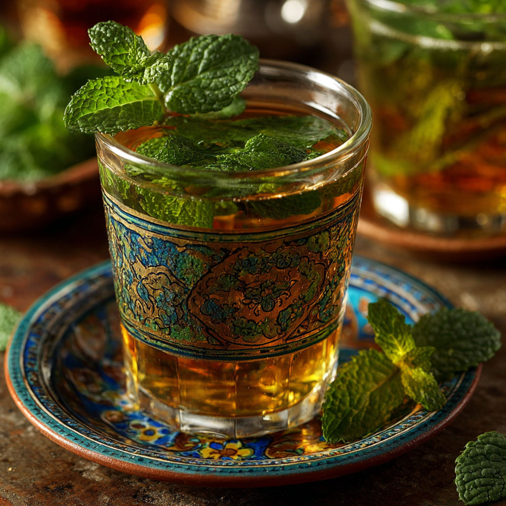 Une tasse de thé à la menthe est sur un plateau coloré.