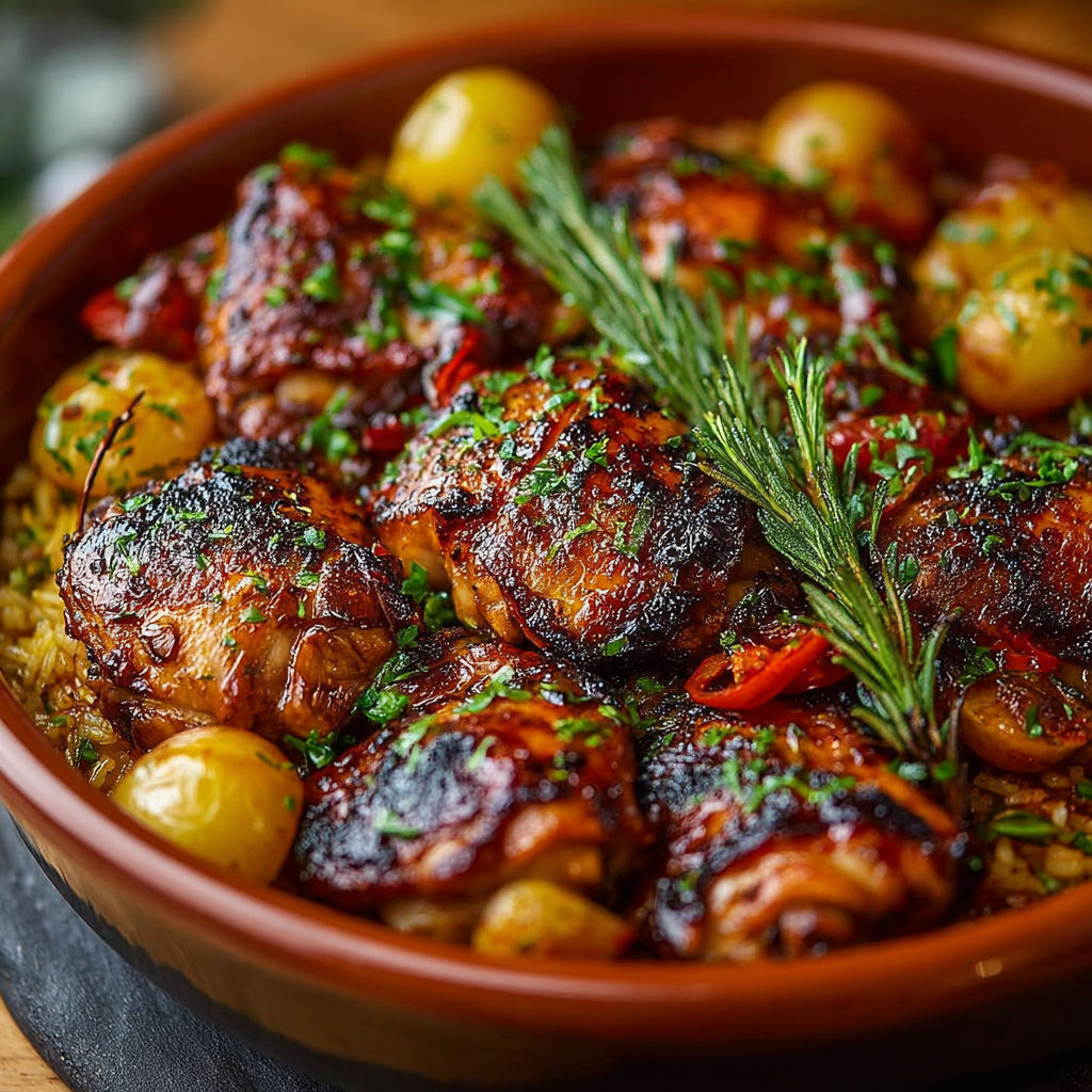 Une recette de poulet grillé avec des légumes et herbes, sertie dans un bol en terre.