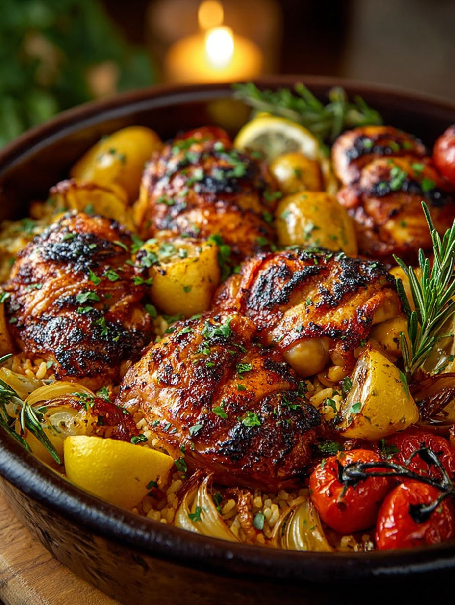 Une recette de poulet grillé avec des légumes et des herbes, sertie dans un bol en bois.