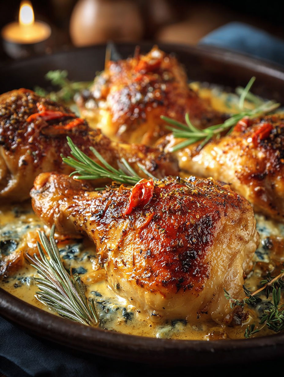 Blanquette poulet bleu Auvergne" - des poulets rôtis avec une sauce auvergnate, servis dans un plat en terre.