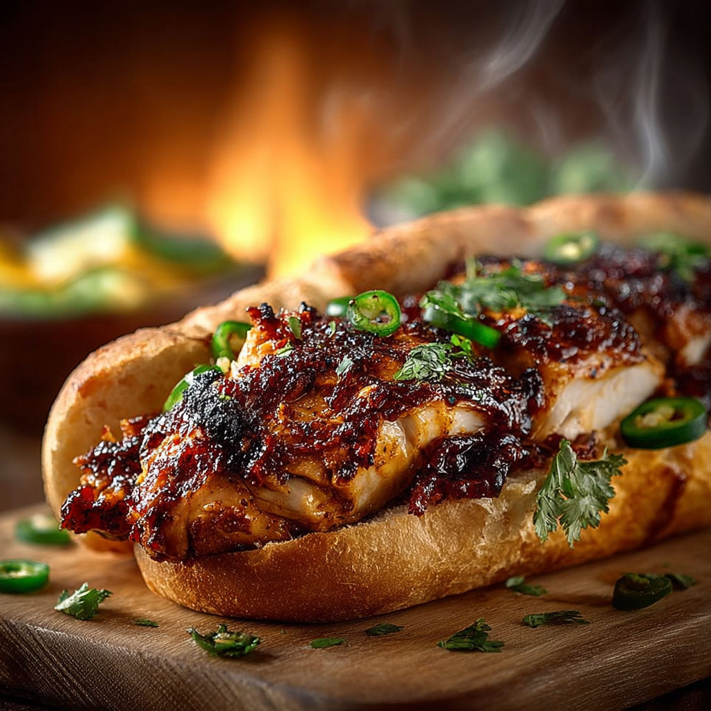 Un sandwich de poulet BBQ blanc sur une planche de bois.