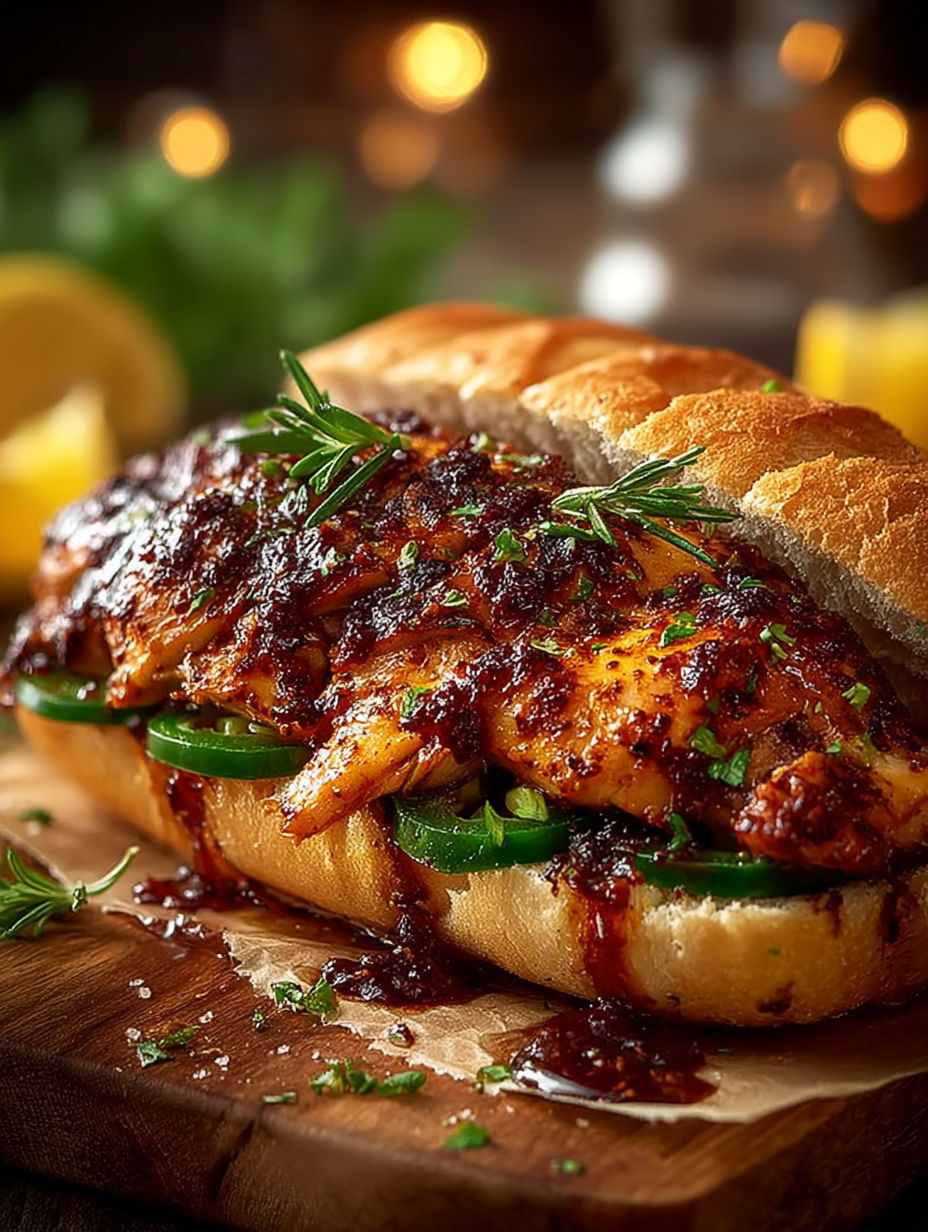 Un sandwich de poulet BBQ blanc avec des légumes verts et des herbes.