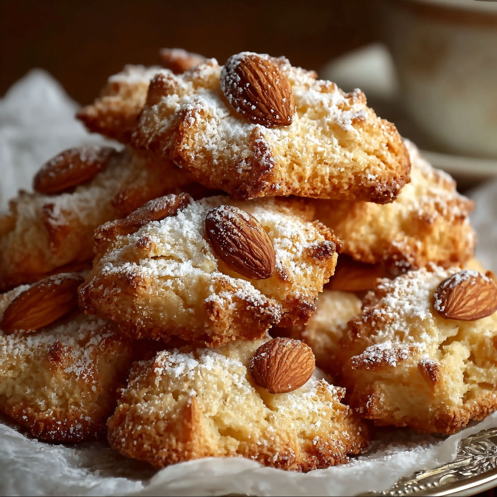 Une pile de biscuits d'amandes recouverts de sucre et de graines d'amandes.