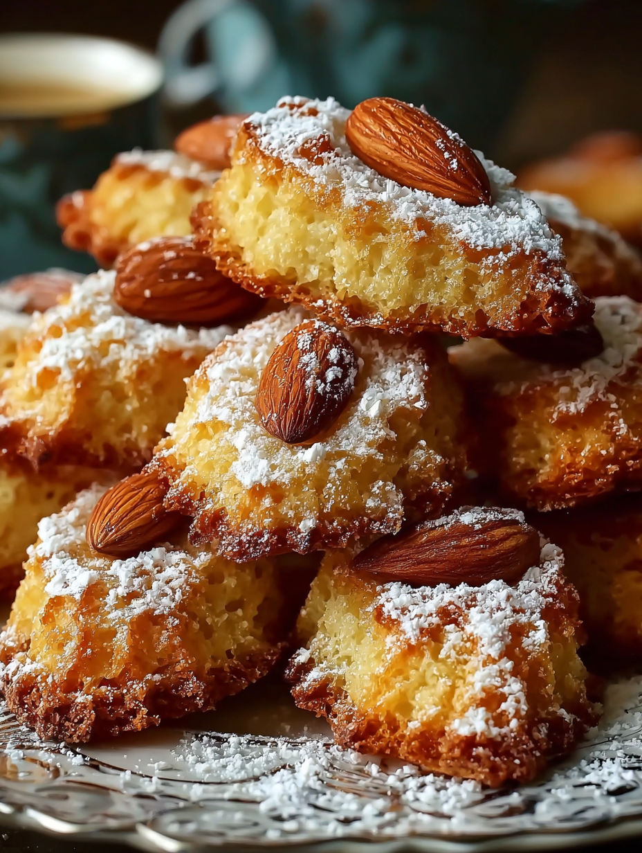 Une pile de beignets d'amandes avec de la neige d'amandes sur les sommets.
