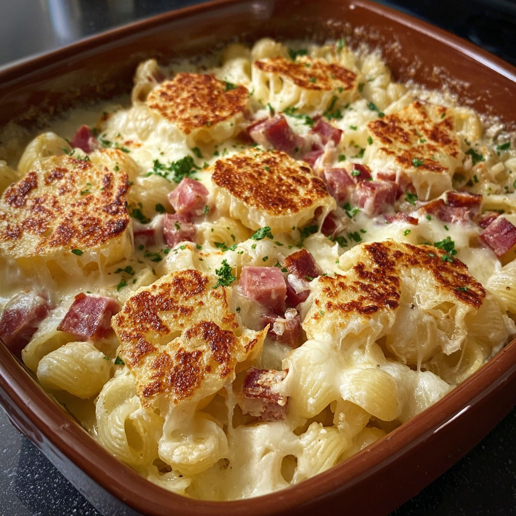Une recette de macaroni et ham dans un bol.