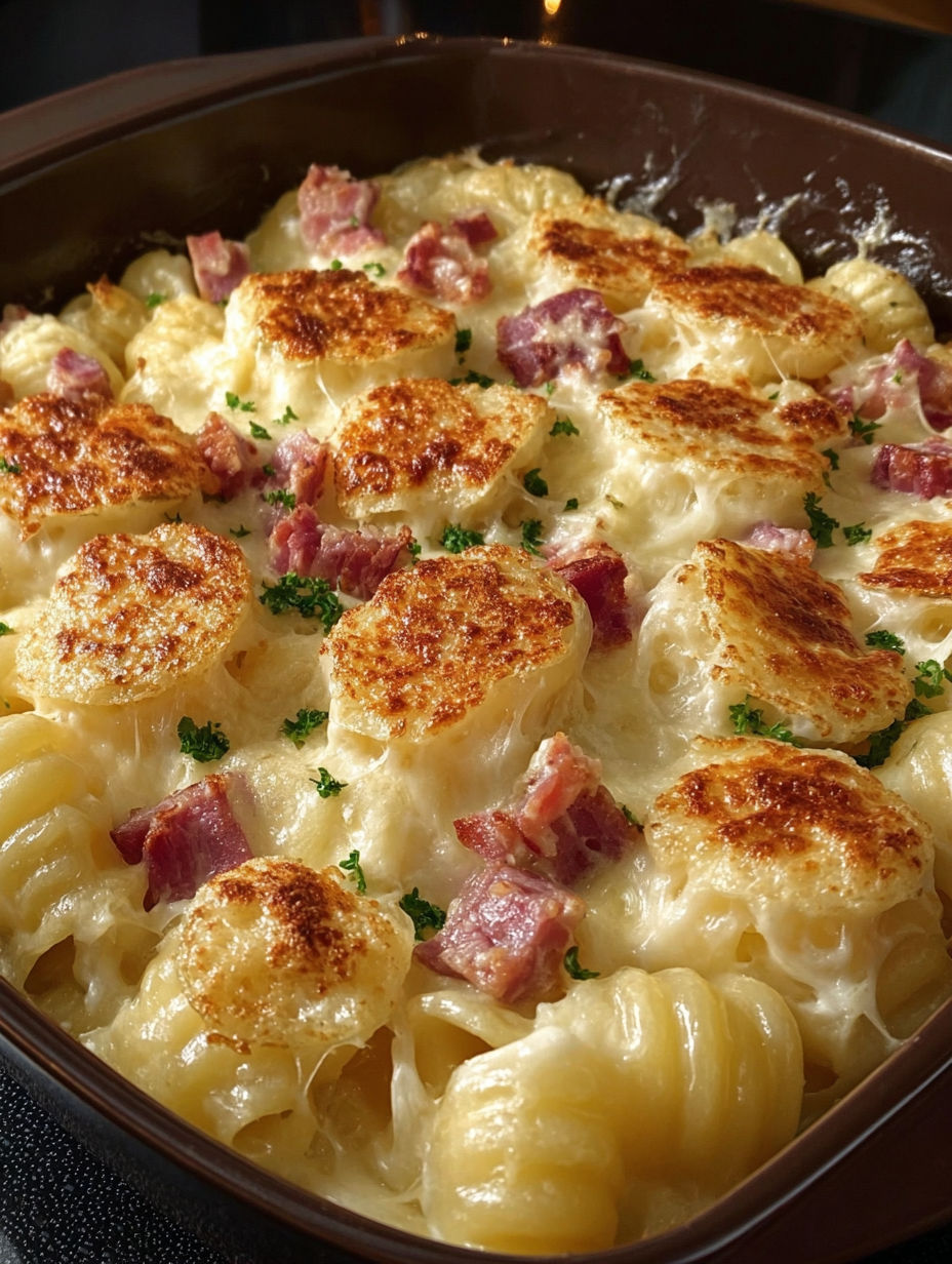 Une recette de macaroni et ham avec des herbes vertes.