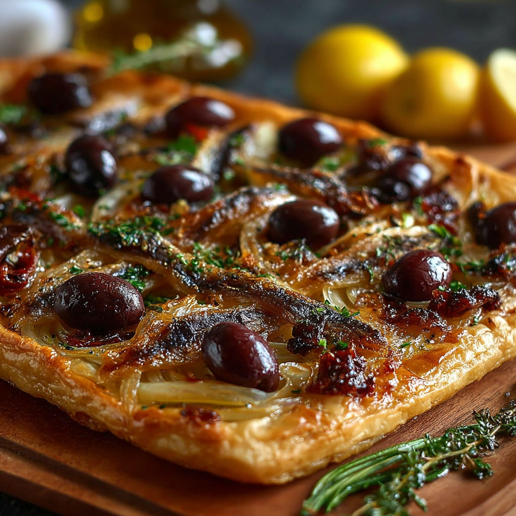 Une pissaladière Niçoise Traditionnelle est servie sur une table.