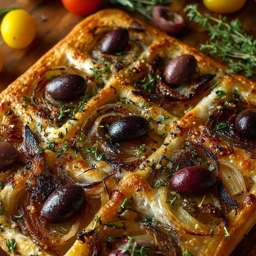Une tarte aux olives et herbes, avec des olives noires et vertes, des herbes fraîches et des tomates.