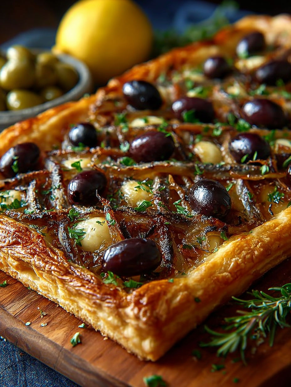 Une tarte aux olives et au fromage, accompagnée de garnitures fraîches, est servie sur un plateau.