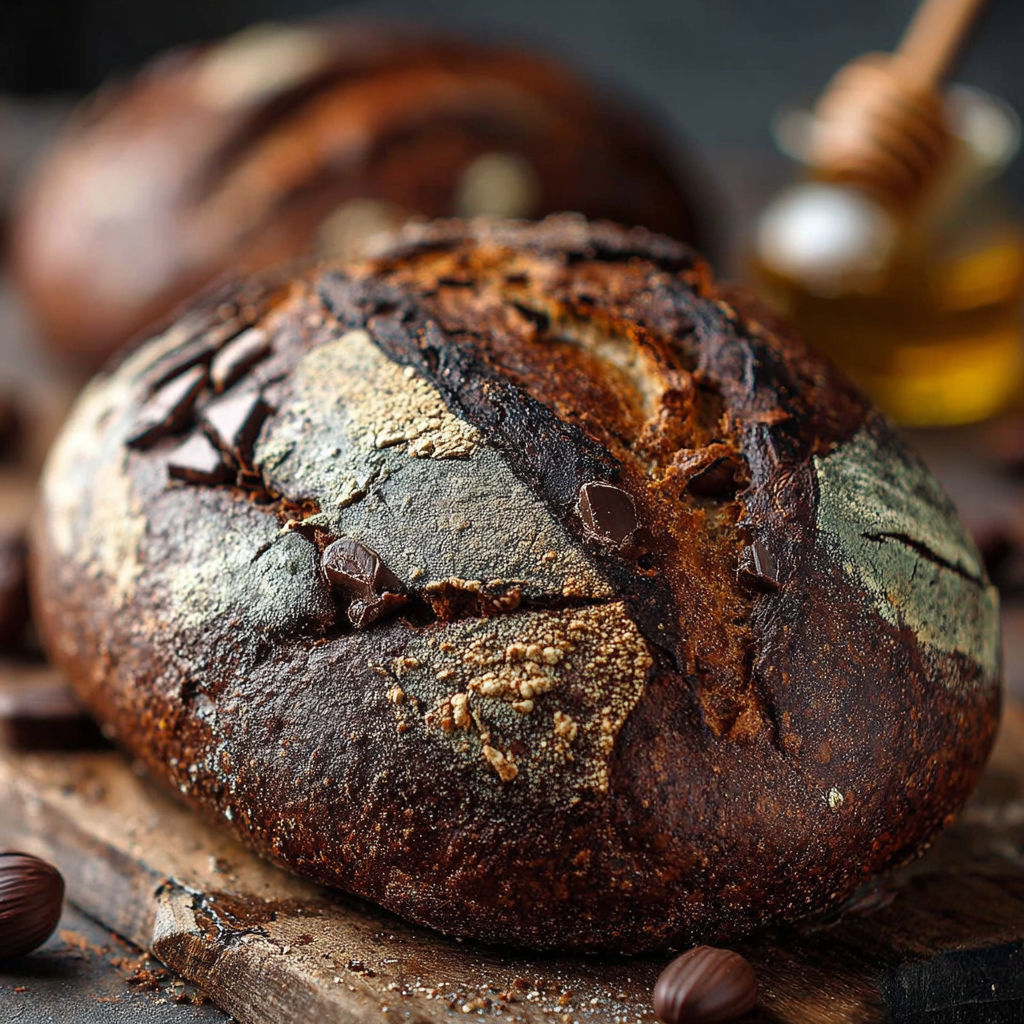 Une baguette de pain grillé avec des grains de cacao et des morceaux de miel.