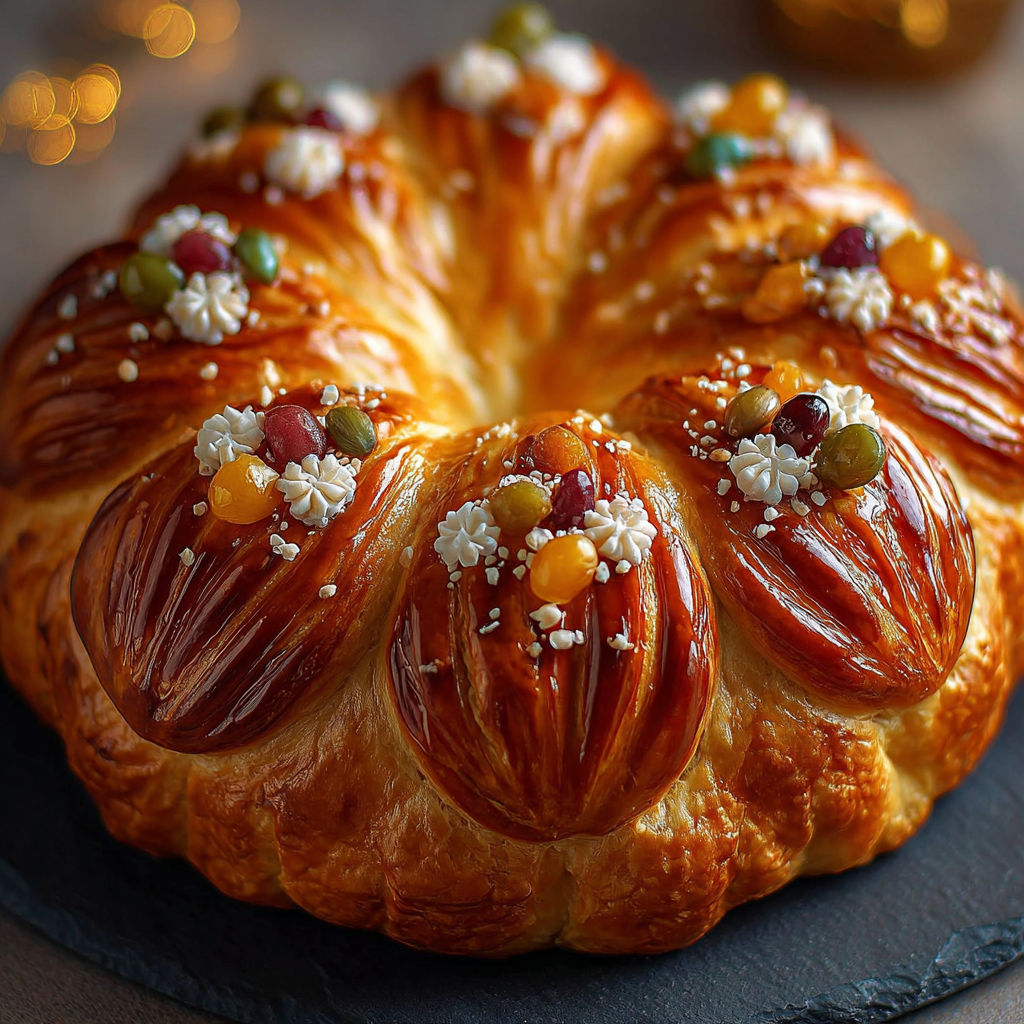 Une brioche des Rois Provençale Fleur est servie sur un plateau.
