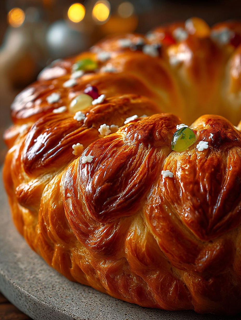 Une brioche des Rois Provençale Fleur, garnie de fruits confits et de sucre, est servie sur une table.