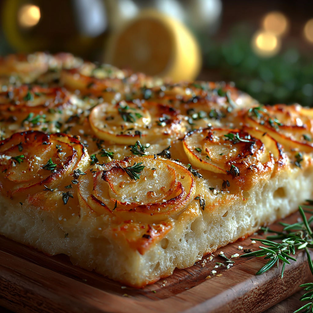 Une tarte aux pommes et épinards, accompagnée d'un citron et de pignons, est servie sur un plateau en bois.