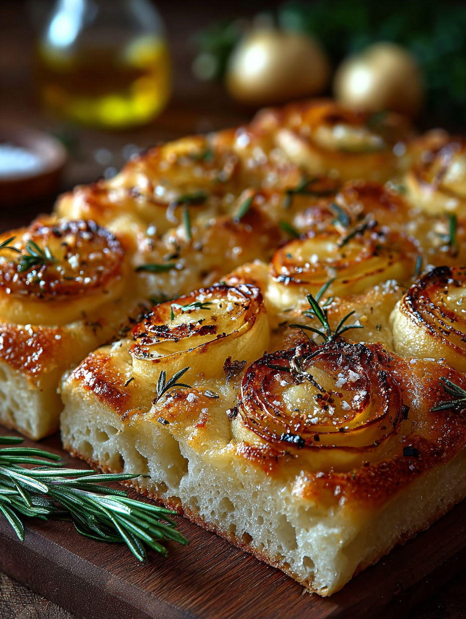 Une tarte aux pommes et ail, servie sur un plateau de bois, avec des herbes fraîches pour accompagner.