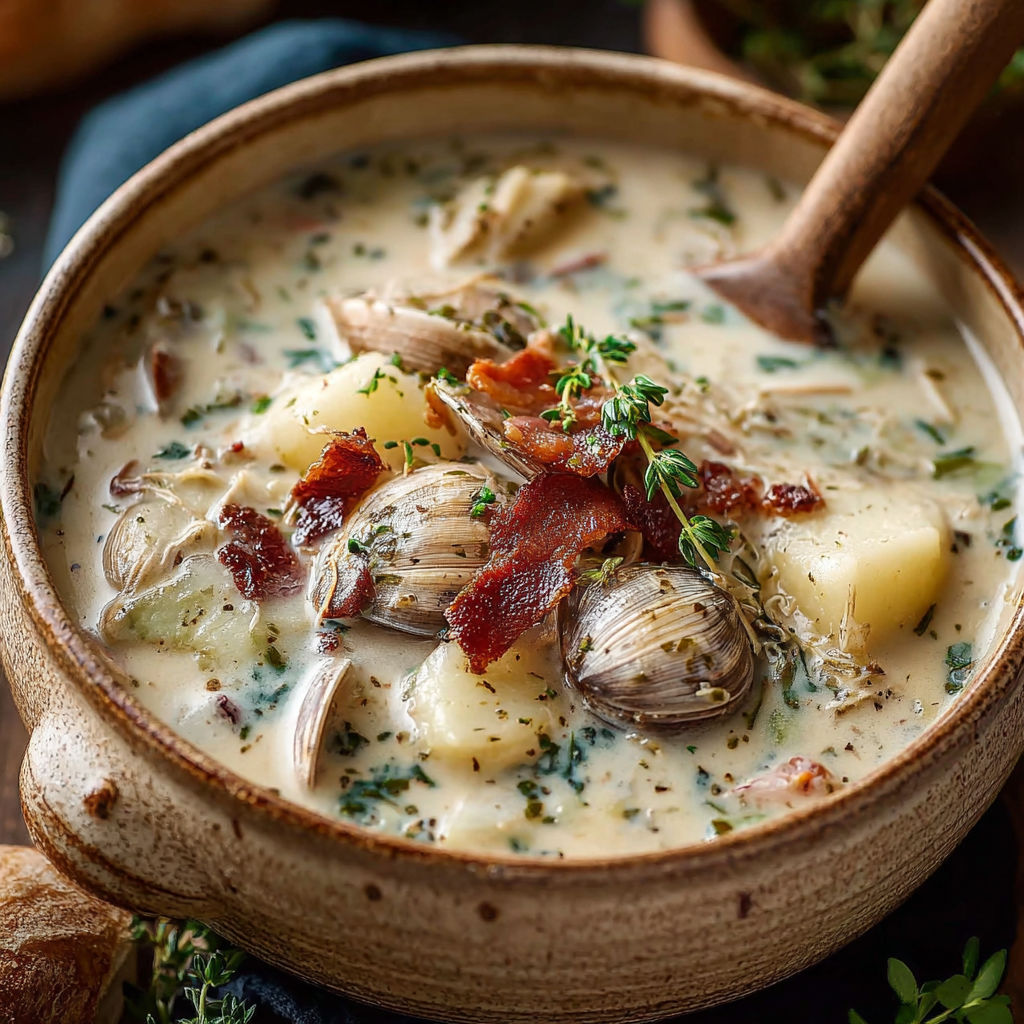 Une soupe aux palourdes de Nouvelle-Angleterre est servie dans un bol en terre.