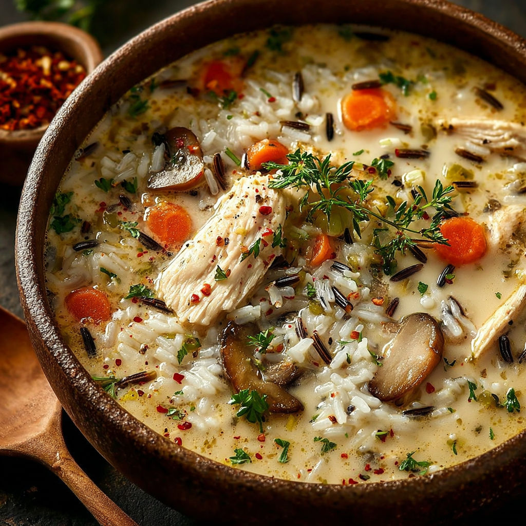 Potage onctueux façon Panera, une recette savoureuse et délicieuse, est servie dans un bol en terre.