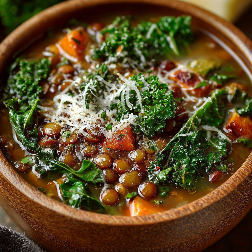 Une soupe lentilles kale parmesan réconfortante est servie dans un bol en bois.