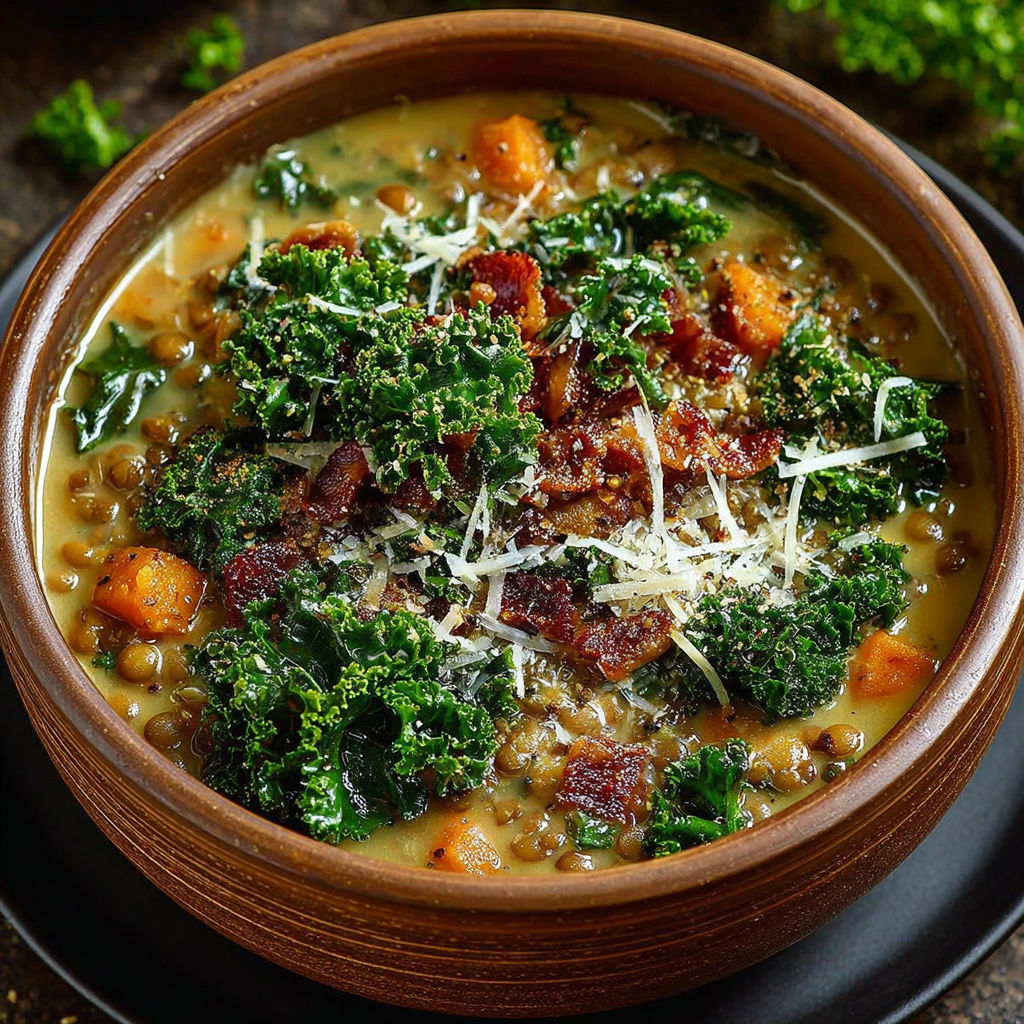 Une soupe de légumes et bacon dans un bol en terre.