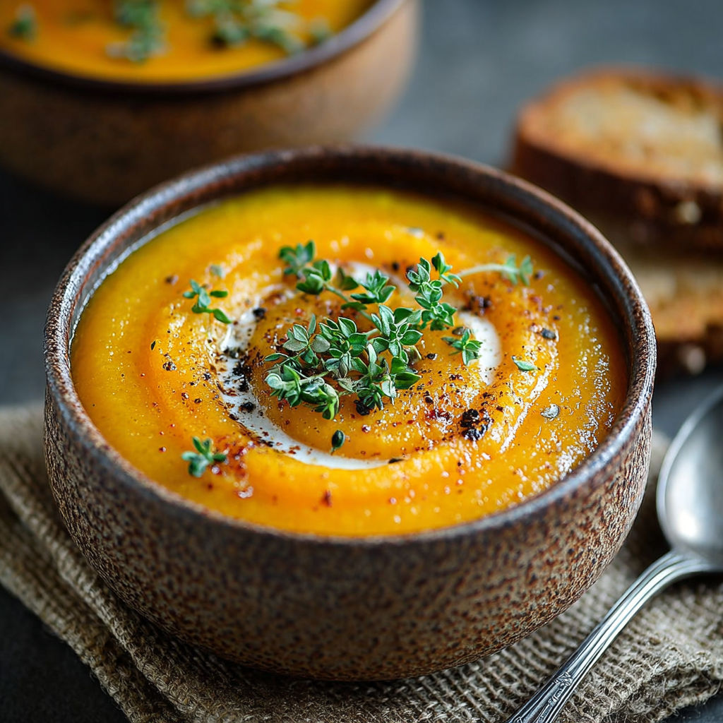 Une soupe chaude avec des herbes et des tranches de pain grillé.