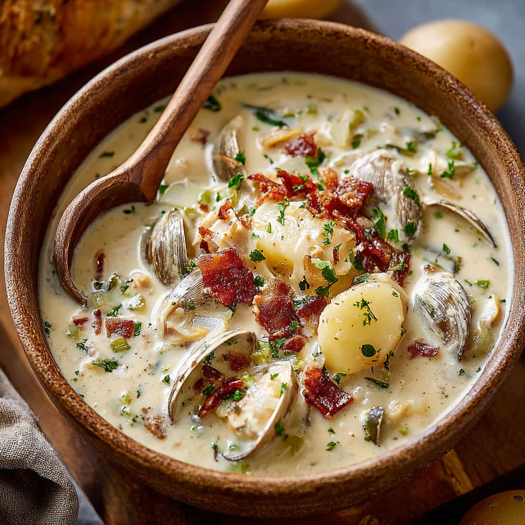 Un pot de bouillon de crevettes et bacon avec des pommes de terre et des légumes verts.