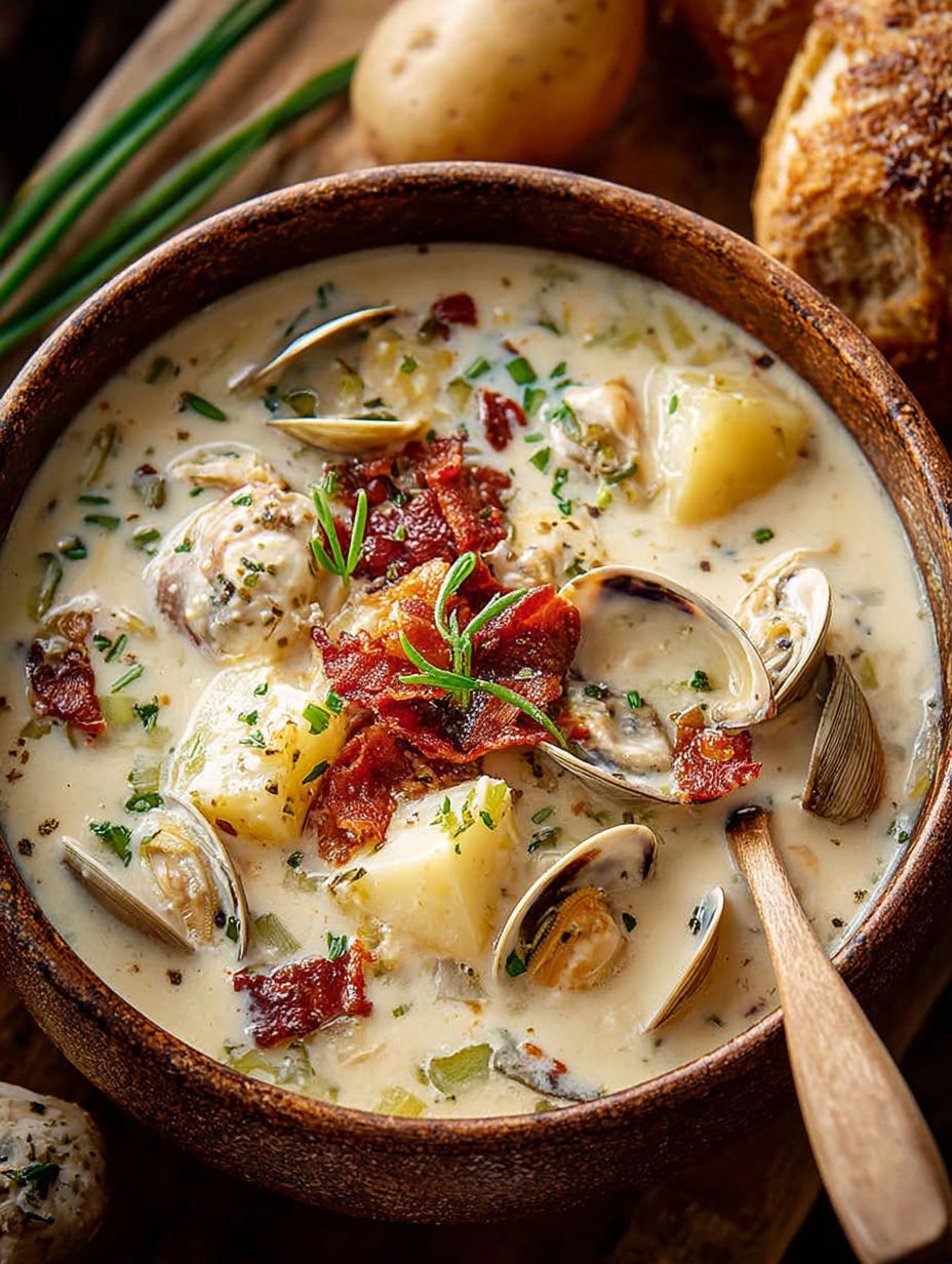 Une soupe de crevettes et de pommes de terre, avec des herbes et des bacon, est servie dans un bol en terre.