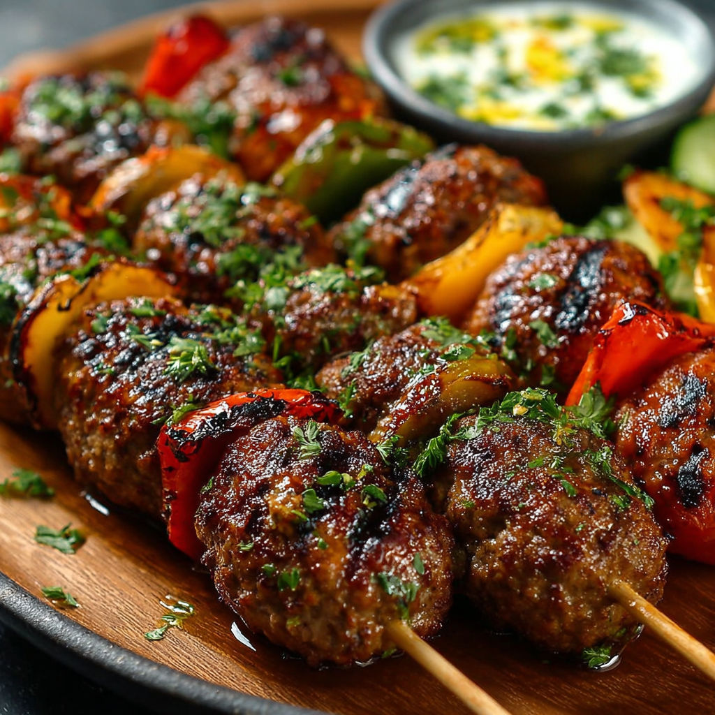 Brochettes Kefta Marocaines Viande Épicées, un plat délicieux et savoureux, est servie sur un plateau en bois.