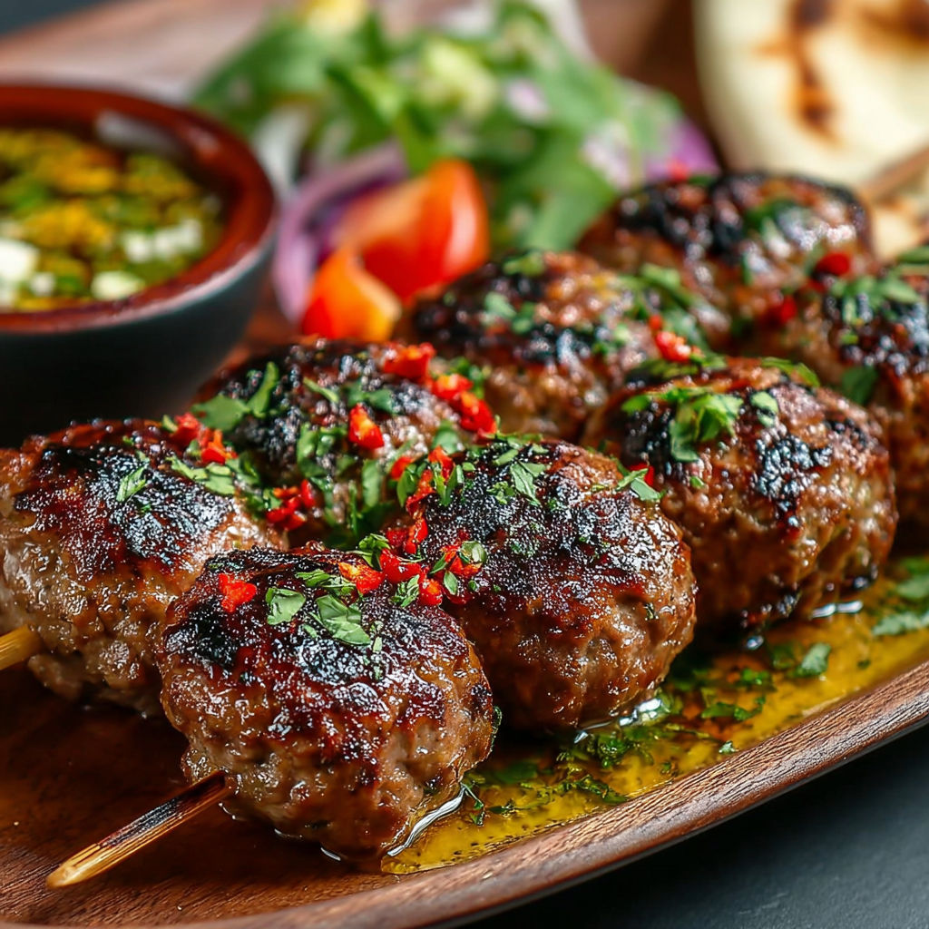 Brochettes Kefta Marocaines Viande Épicées - Des brochettes de viande épicée sur un plateau, accompagnées de légumes et de sauce.