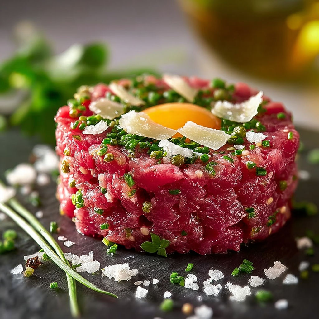 Une tartare de bœuf à l'italienne est servie sur une assiette noire, accompagnée d'une salade verte.