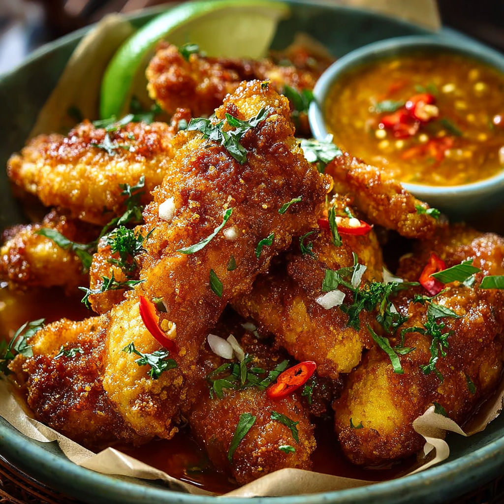 Une assiette de poulet tendres et croustillants, accompagnés d'une sauce au curcuma.