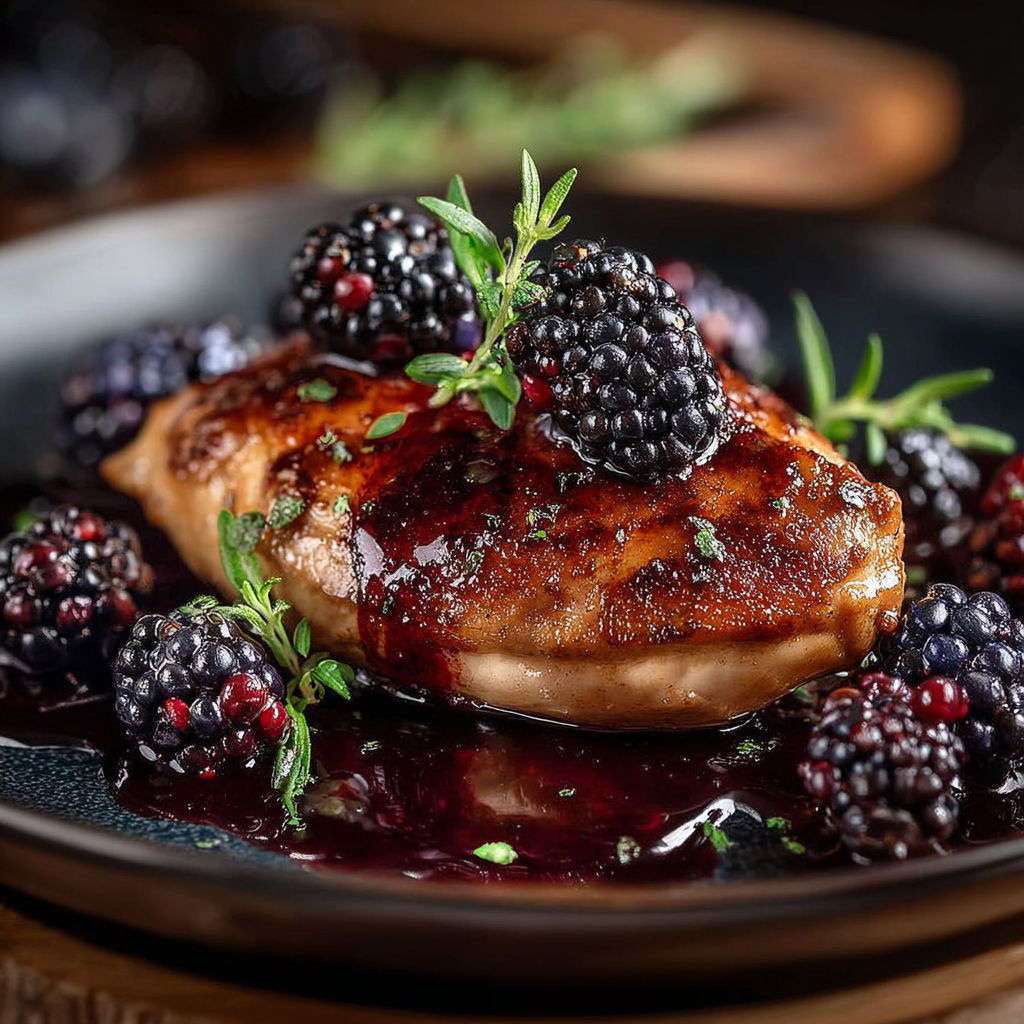 Un plat élégant de poulet sauce au chocolat et garnit de baies de mûres.