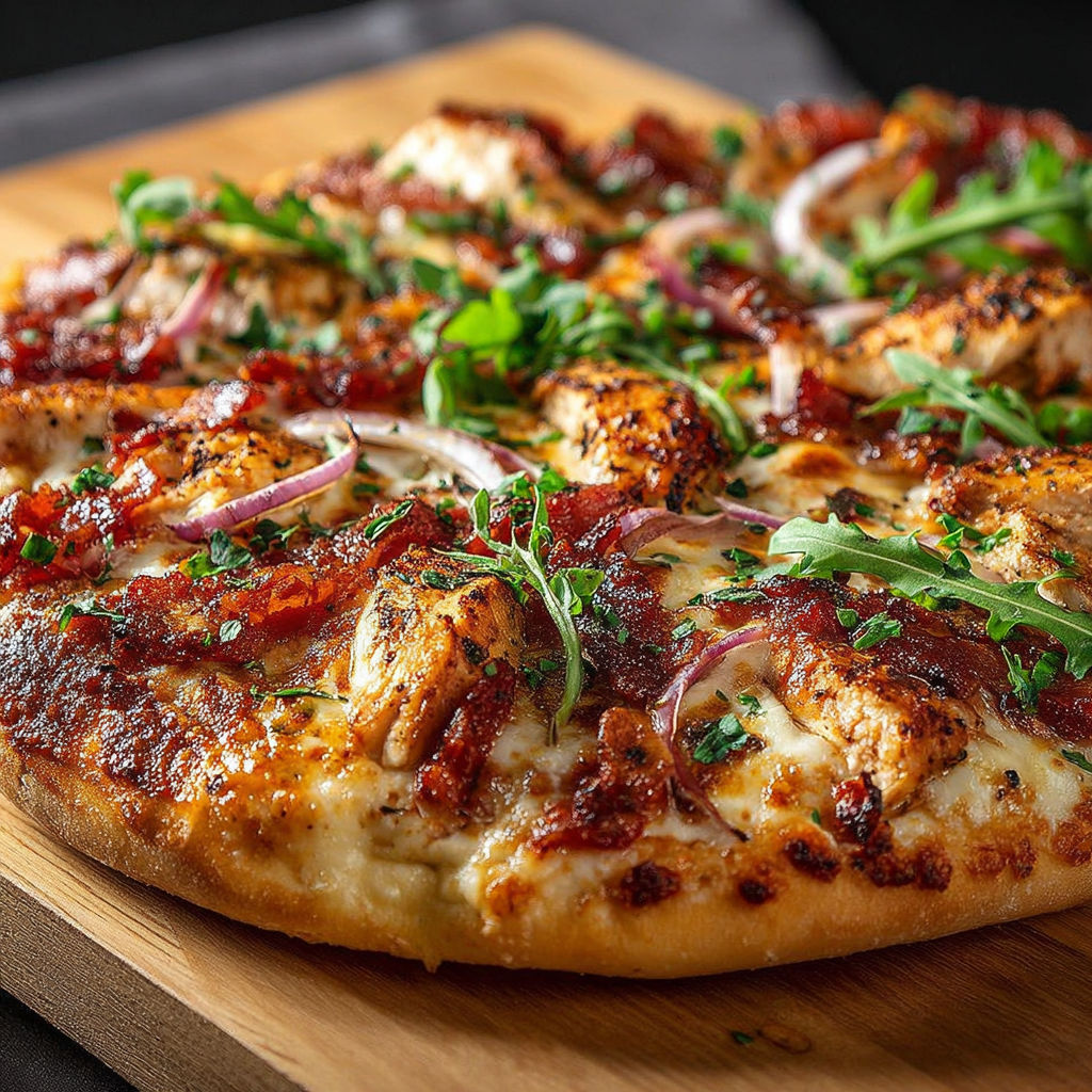 Une pizza BBQ avec des poulets et du bacon.