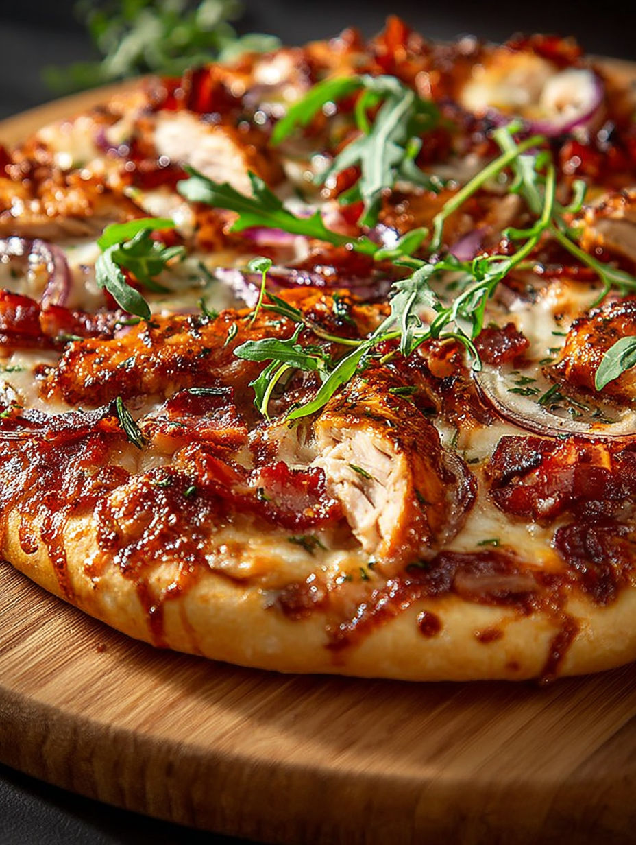 Une pizza BBQ avec des poulets et du bacon.