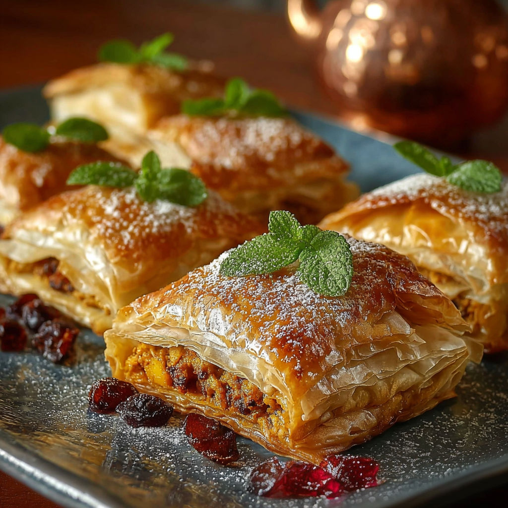 Deserts de pâte feuilletée avec des feuilles de menthe et des baies.