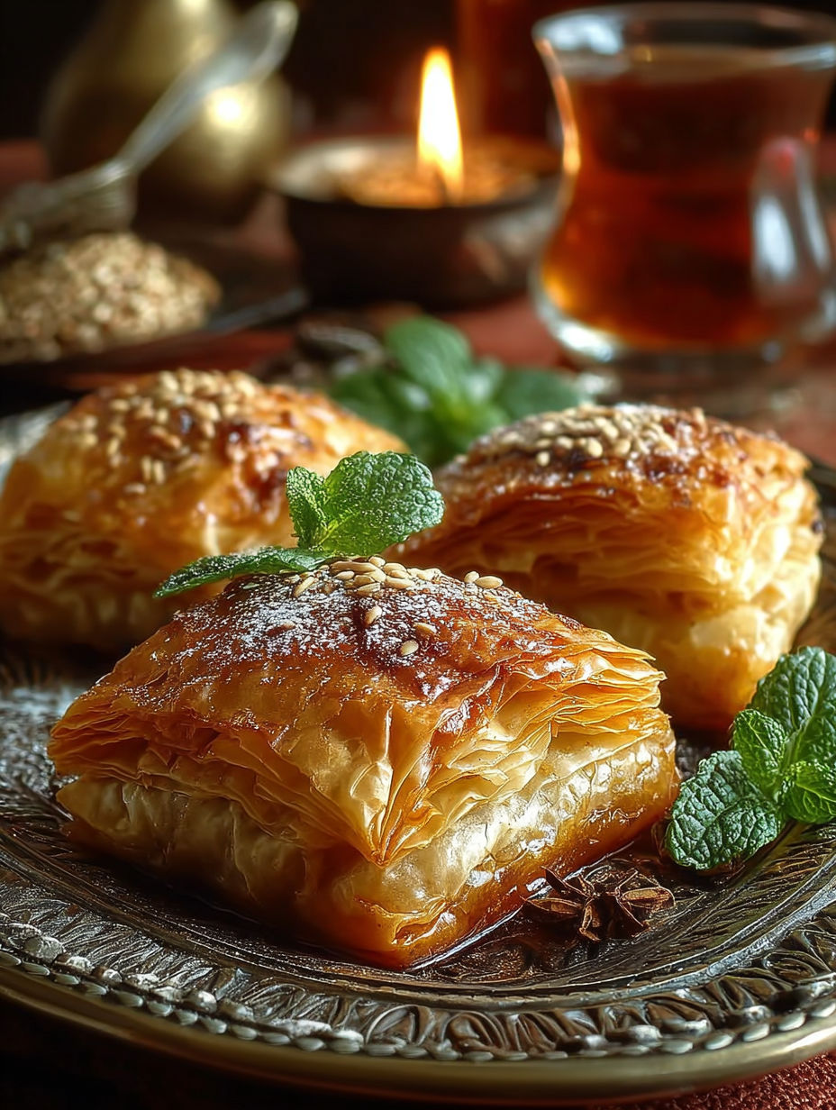 Deserts de pâte feuilletée avec des herbes fraîches sur un plateau.
