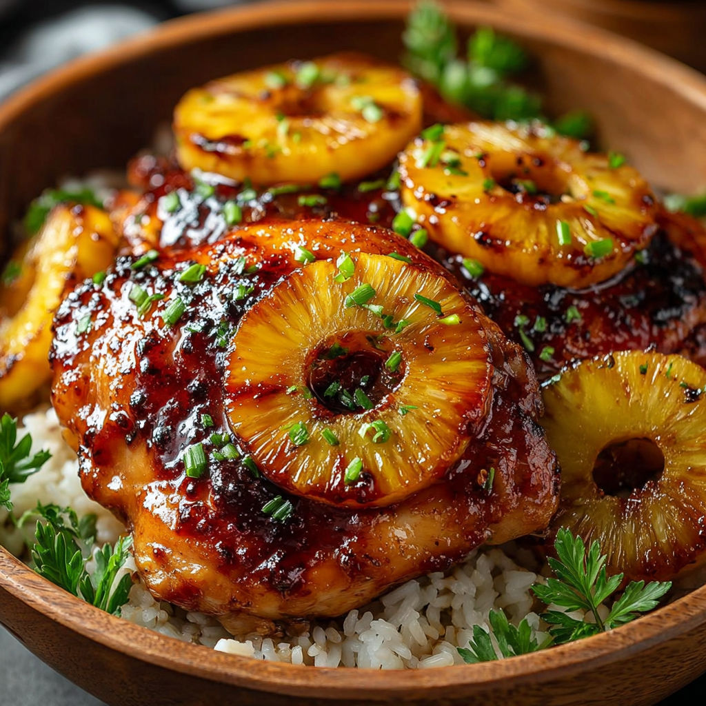 Un plat de poulet hawaïen avec des ananas et des herbes vertes.
