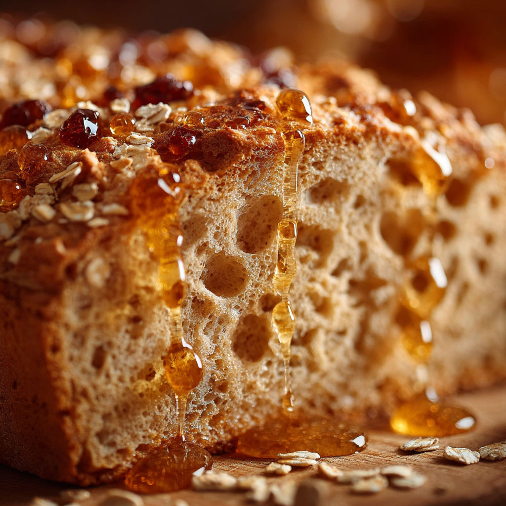 Une portion de Pain du Matin Flocons Miel, avec des flocons d'avoine et du miel, est sur une table.