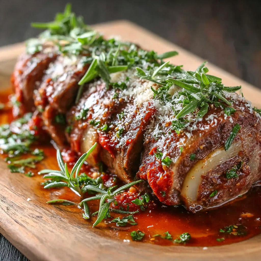 Un braciole de bœuf à l'italienne est servie sur un plateau de bois avec des herbes et des sauces.