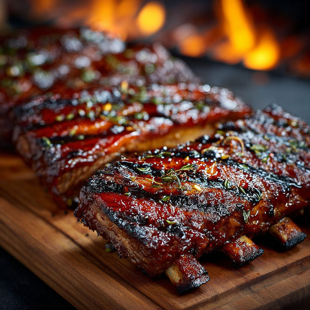 Travers de Bœuf au BBQ, grillés et saucés, présentés sur un plateau de bois.