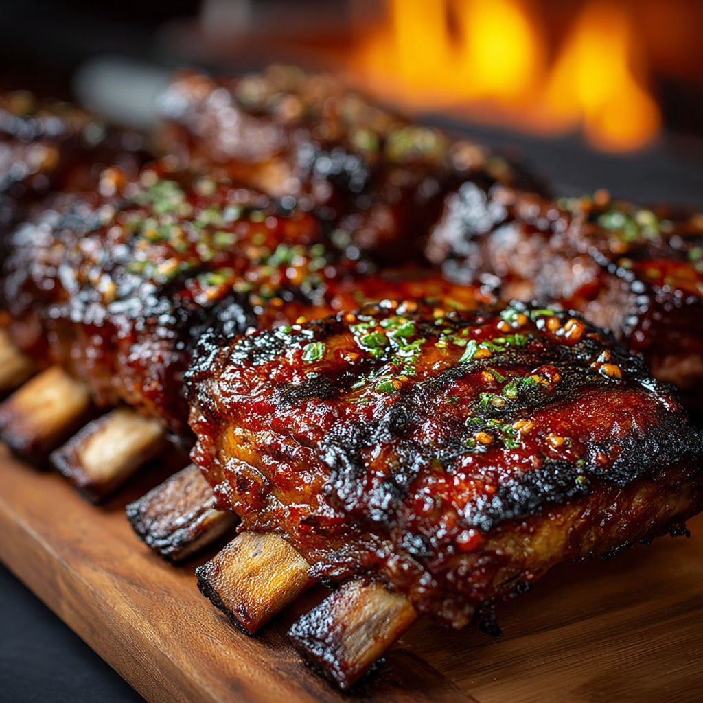 Barbecue ribs on a wooden platter, ready to be cooked on the grill.