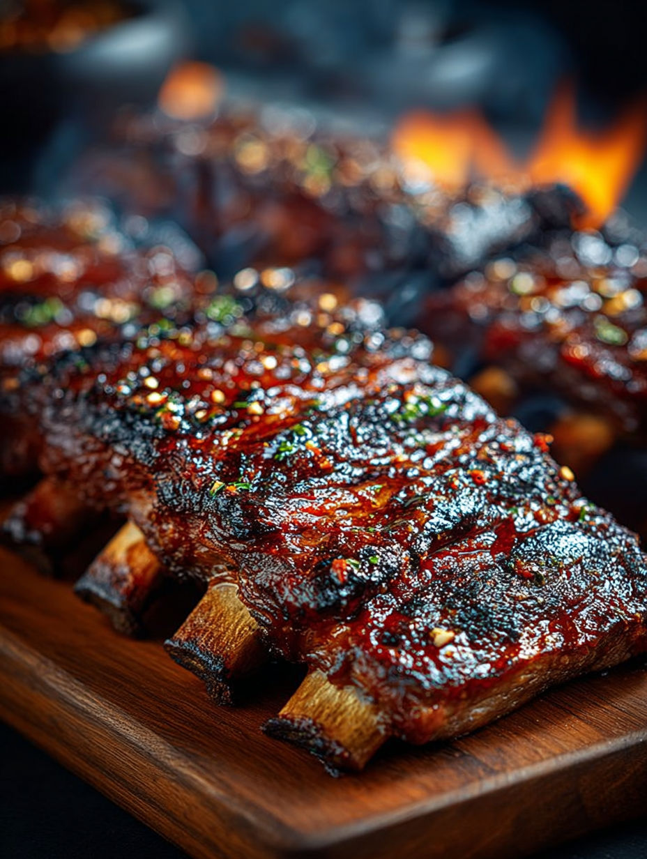 Barbecue ribs on a wooden platter, ready to be cooked on a grill.