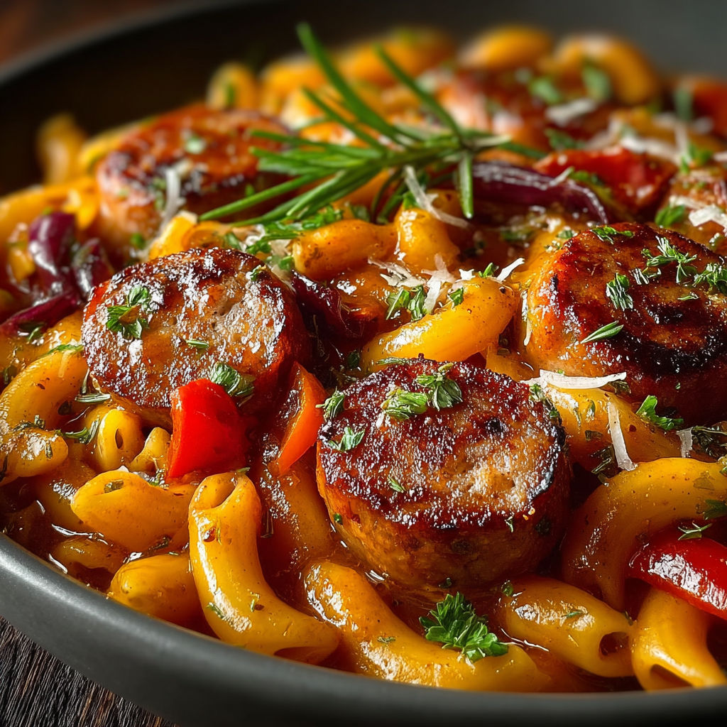 Un plat de pâtes saucisse BBQ chili doux, avec des pâtes, des sausages, des tomates et des herbes.