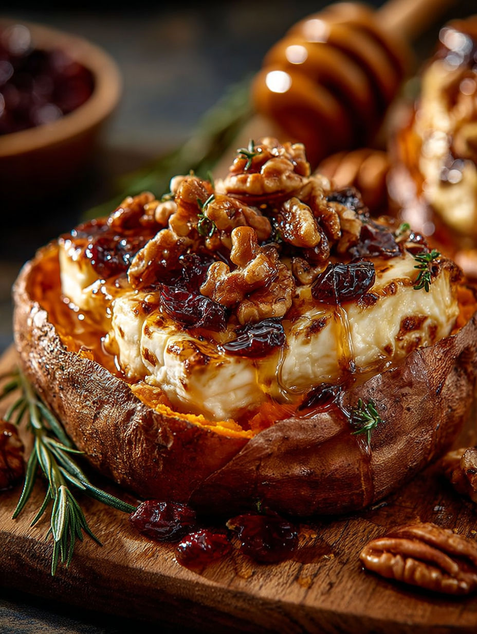 Une tarte aux pommes et au marron glacé, garnie de noix et de herbes, est servie sur un plateau.