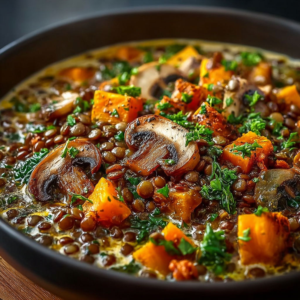 Un plat de ragoût forestier lentilles potiron, avec des légumes et des champignons, est servie dans un bol noir.