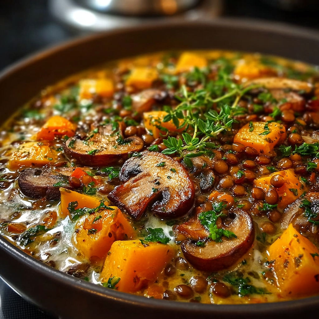 Un plat de ragoût forestier lentilles potiron, avec des légumes et des lentilles, est servie dans un bol.