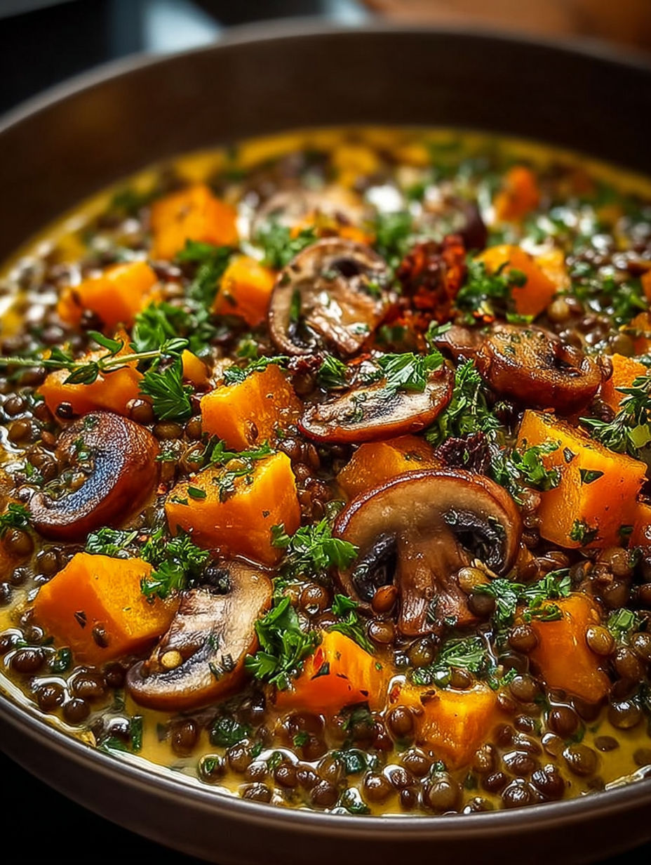 Un plat de ragoût forestier lentilles potiron, avec des légumes et des champignons, est servie dans un bol.