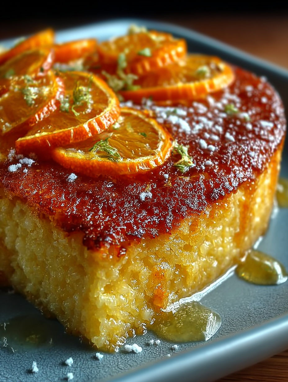 Une tarte aux oranges et aux épinards, garnie de sauce au miel, est servie sur un plateau.