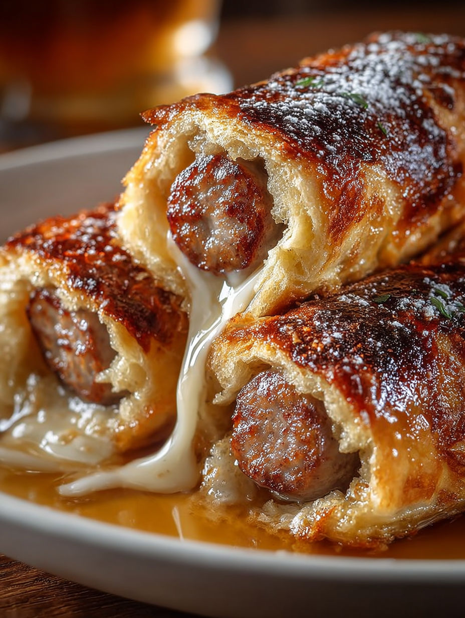 Une pâte feuilletée avec des saucisses et des champignons, servie sur un plateau.