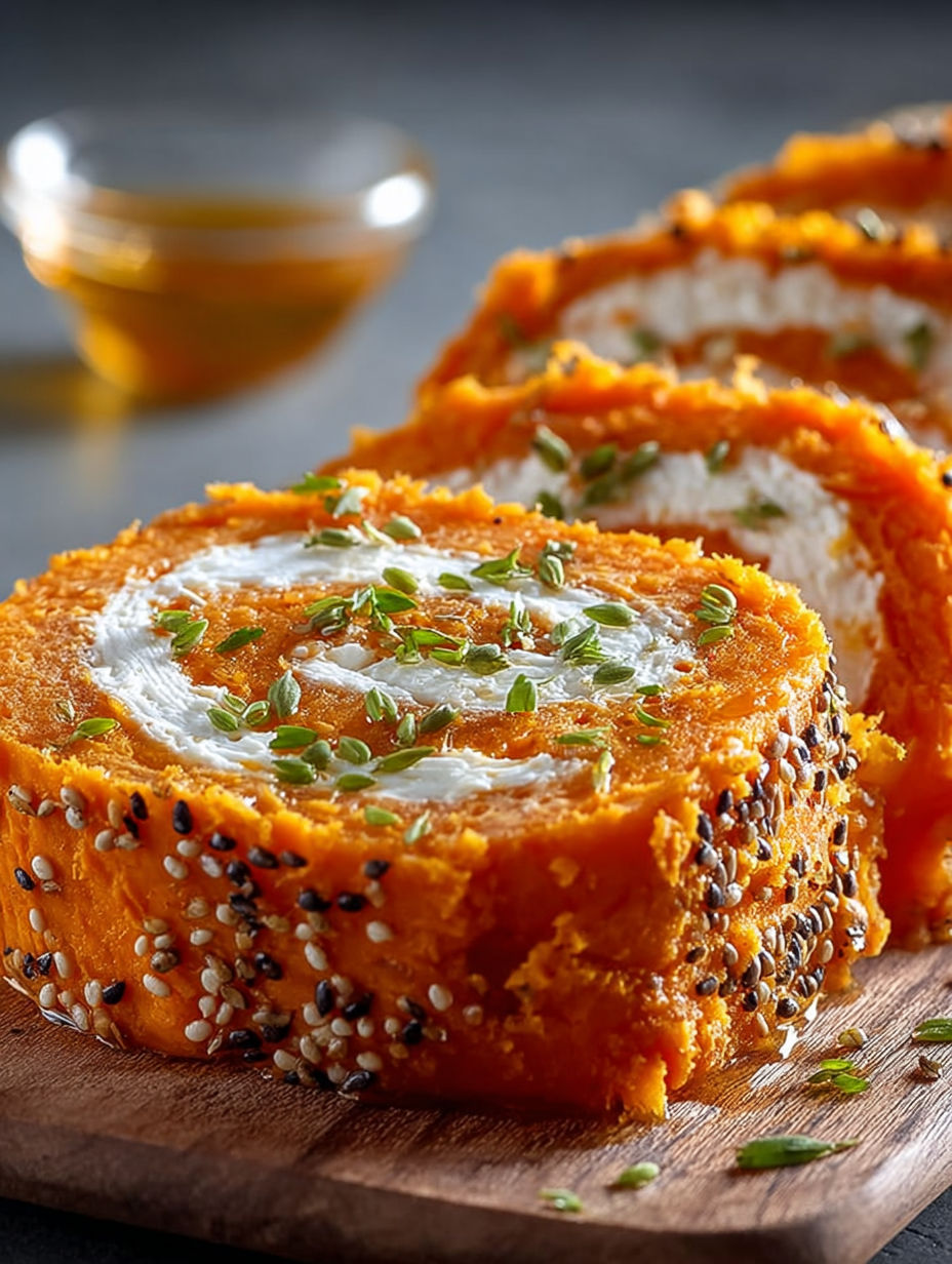 Un délicieux roulé de patate douce, garnie de miel et de chèvre, est présenté sur une table.