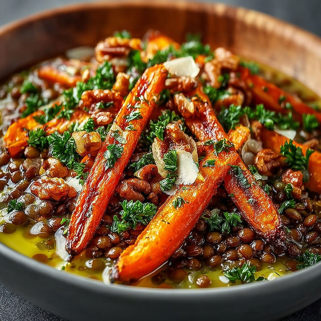 Une salade de carottes et de lentilles, avec des herbes et des noix, est servie dans un bol en bois.