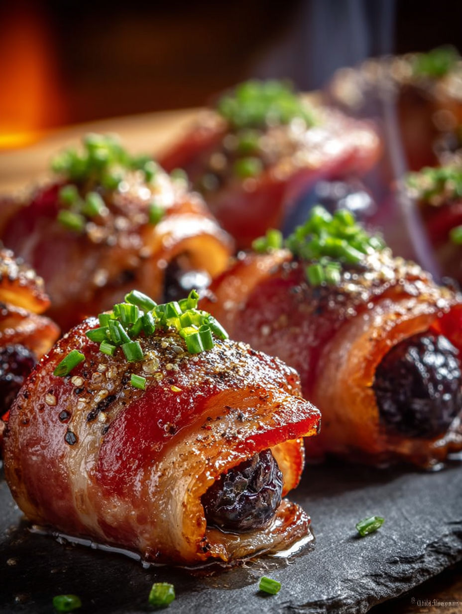 Bacon Wrapped Sweet and Sour Meatballs with a side of blueberry sauce.